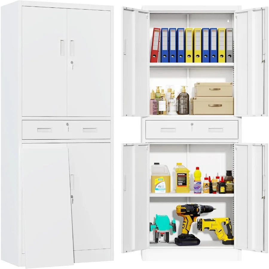 Storage & Organization - オフィス、ガレージ、家庭、学校で使用できる、引き出し1つと高さ調節可能な棚を備えた、丈夫な金属製収納キャビネット。高さ71インチ。
