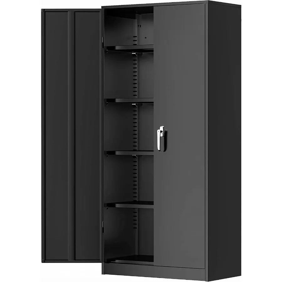 Storage & Organization - オフィス、家庭、ガレージ、学校で使用できる収納キャビネット。素材は金属製。色は黒。サイズは高さ72cm、幅36cm、奥行き18cm。扉が2つ、高さ調節可能な棚が4つ。