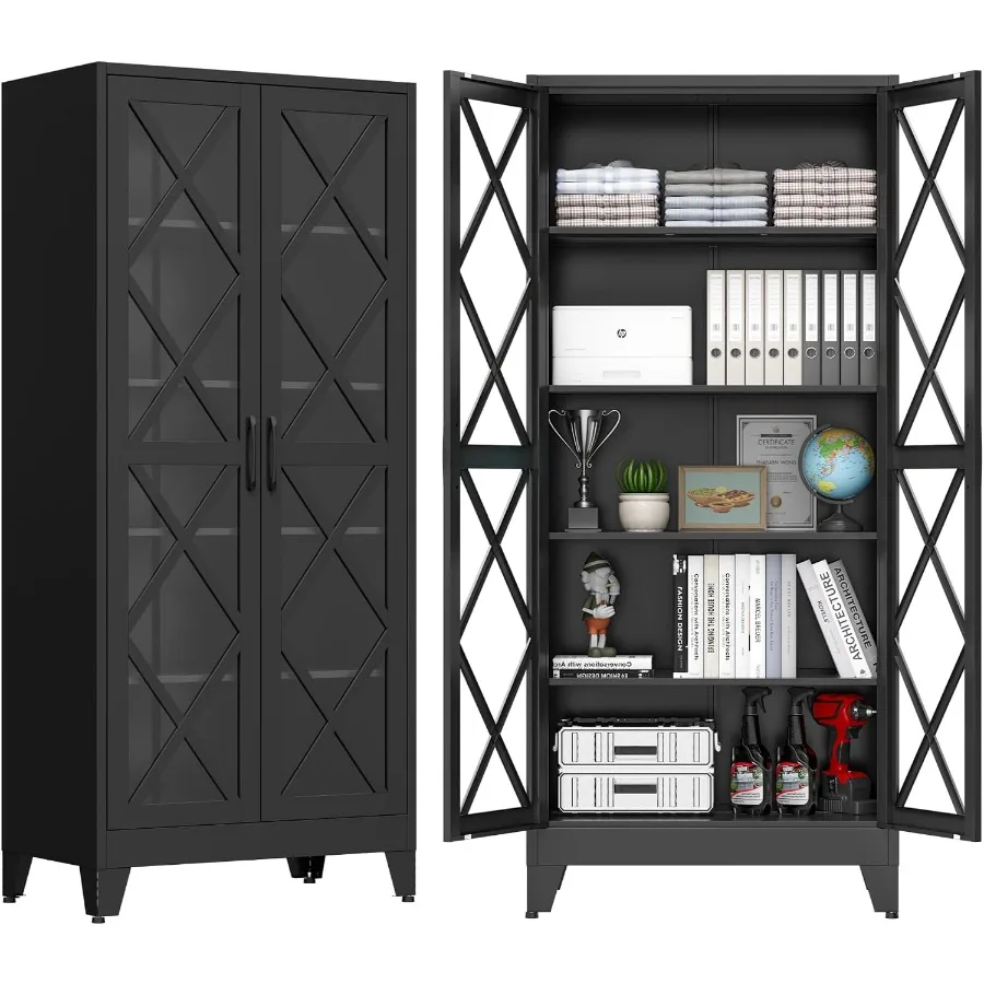 Storage & Organization - 71cm幅の金属製収納キャビネット。家庭用またはオフィス用として最適。ダイヤモンドブラック仕上げで、高さ調節可能な棚が5つ、強化ガラス製の扉が付いています。