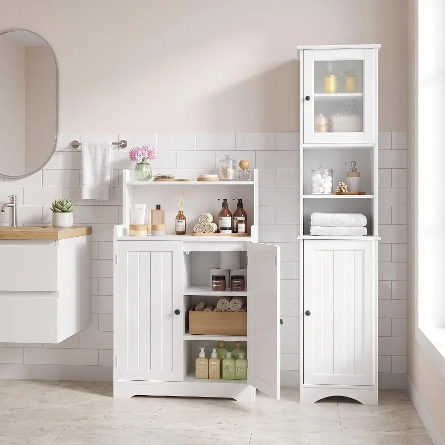 Storage & Organization - バスルーム収納キャビネット：白色のMDF素材、防湿加工、省スペース設計で、狭いバスルームに最適。
