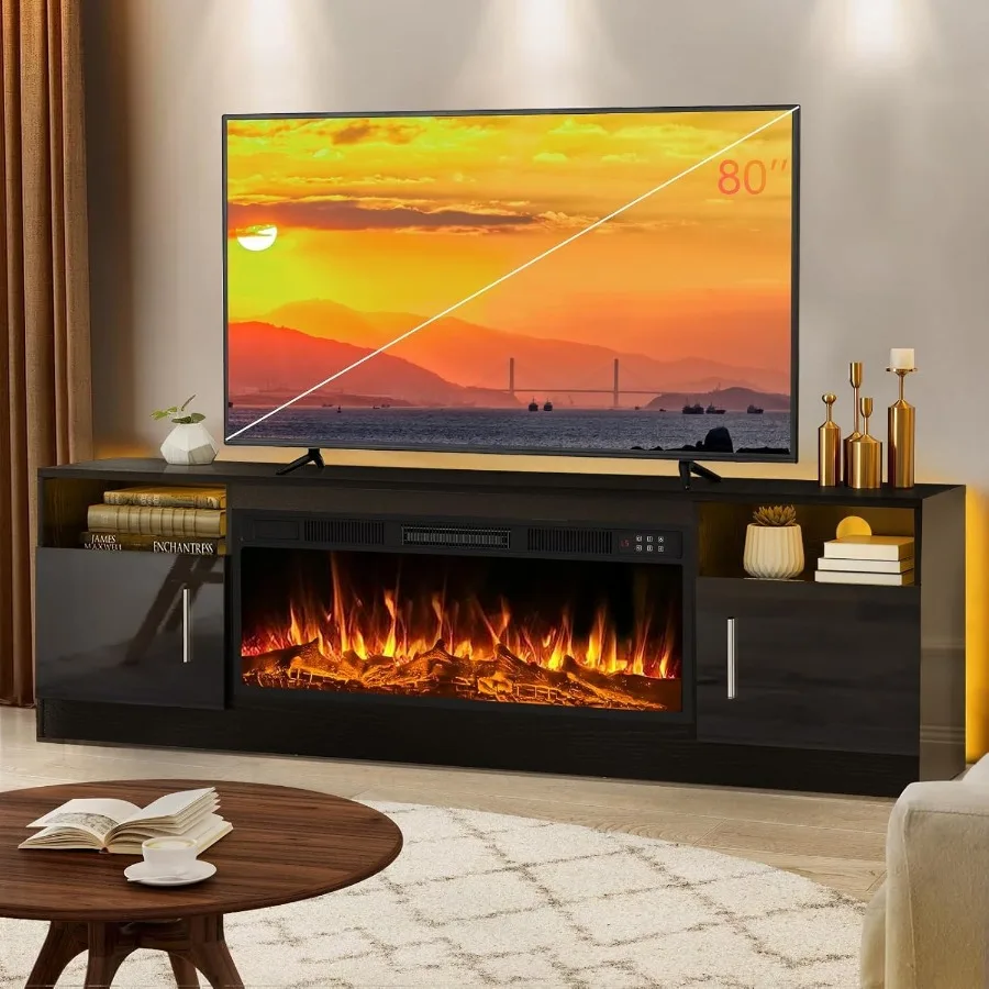 Storage & Organization - リビング用のテレビ台。暖炉付き。木製、黒色。最大80インチのテレビに対応する36インチのLED暖炉を搭載。収納スペース付きのモダンなデザイン。