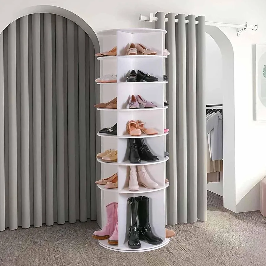 Storage & Organization - 玄関収納用の整理整頓グッズ：耐久性のあるプラスチック製で、360度回転する7段の白い靴立て。省スペース設計。