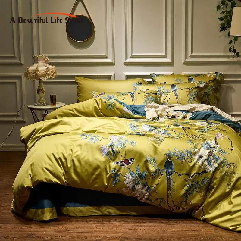 Aesthetic Floral Duvet Cover - 高級600TCエジプトコットン寝具セット,鳥の植物の花,デジタル印刷,羽毛布団カバー,ベッドリネン,フィットシート,枕カバー