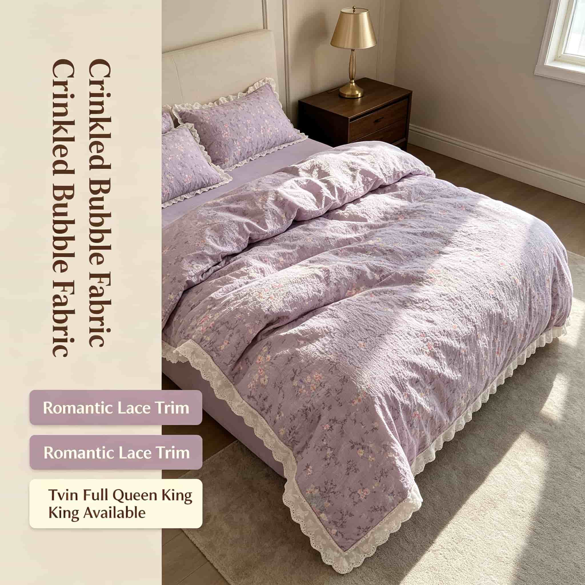 フリルとレースがあしらわれた花柄のベッドリネンセット、紫色の - Aesthetic Floral Duvet Cover のレビューと価格